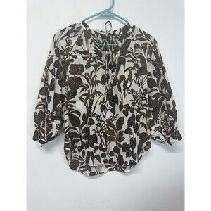 Ann Taylor Loft Top Boho  Blouse 3/4 Sleeve Floral Brown White Lyocell Cotton XS